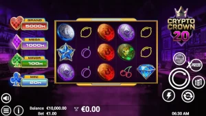 Tampilan visual slot Crypto Crown 20 dengan simbol kripto neon dan latar belakang futuristik