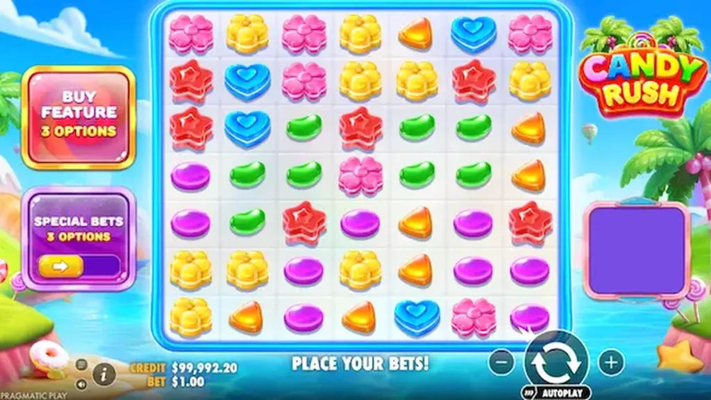 Tampilan visual slot Candy Rush dengan tema permen tropis yang cerah
